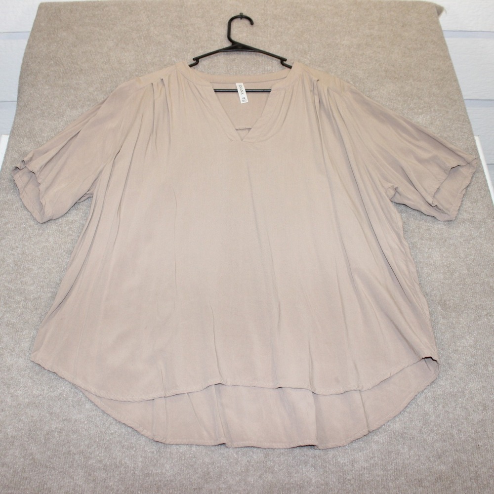 Zenana Outfitters Taupe V-Neck Rayon Blouse Short Sleeve High-Low QT-1103X 3X